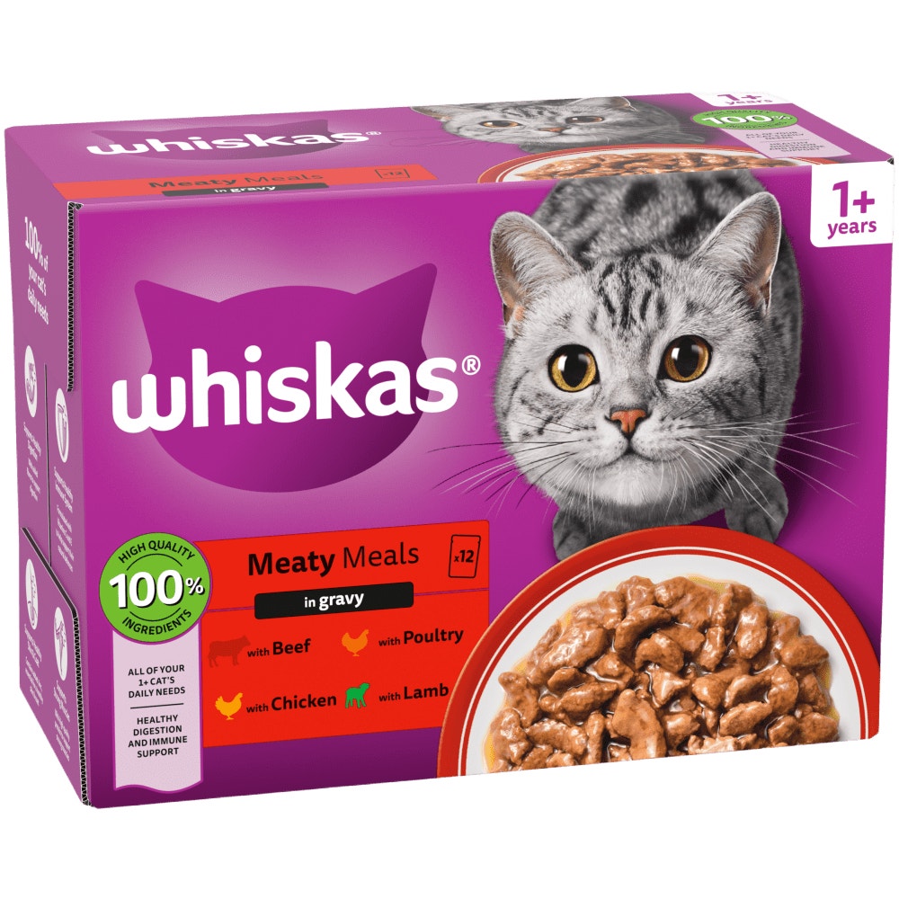WHISKAS® 1+ Meaty Meals Adult Wet Cat Food Pouches in Gravy 12x85g, 80x85g - 1