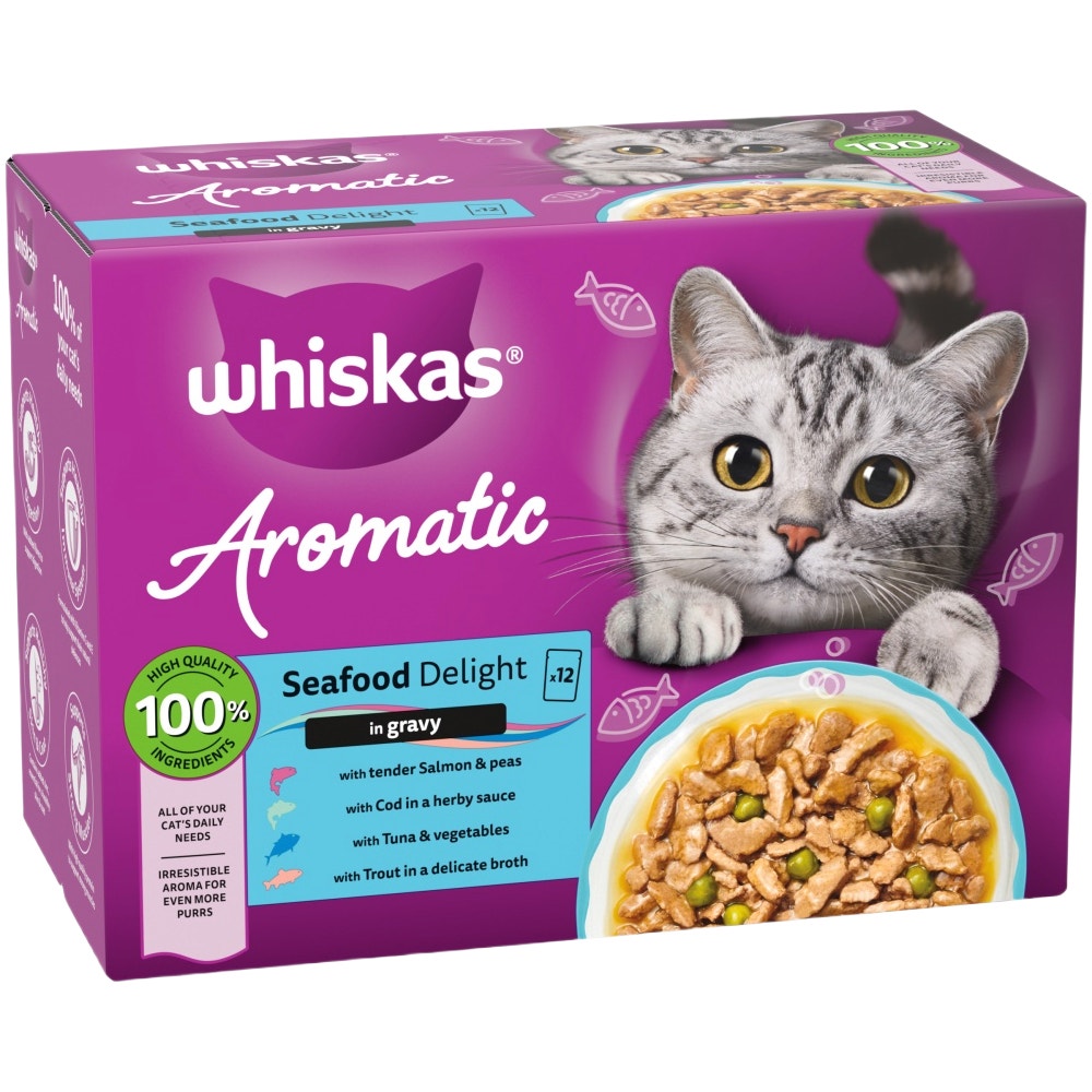 WHISKAS 1+ AROMATIC SEAFOOD Delight Wet Cat Food Pouches in Gravy 12 x 85g - 1