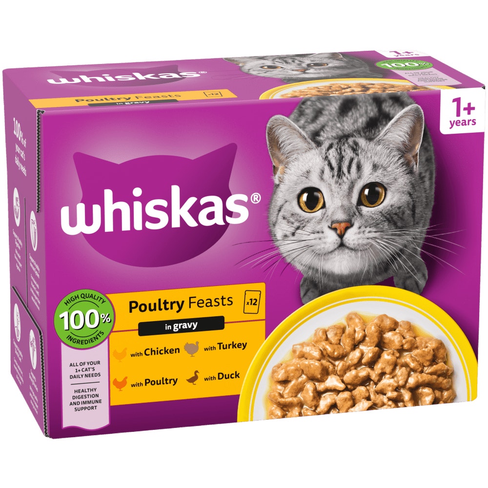 WHISKAS 1+ POULTRY Feasts Wet Cat Food Pouches in Gravy 12 x 85g - 1