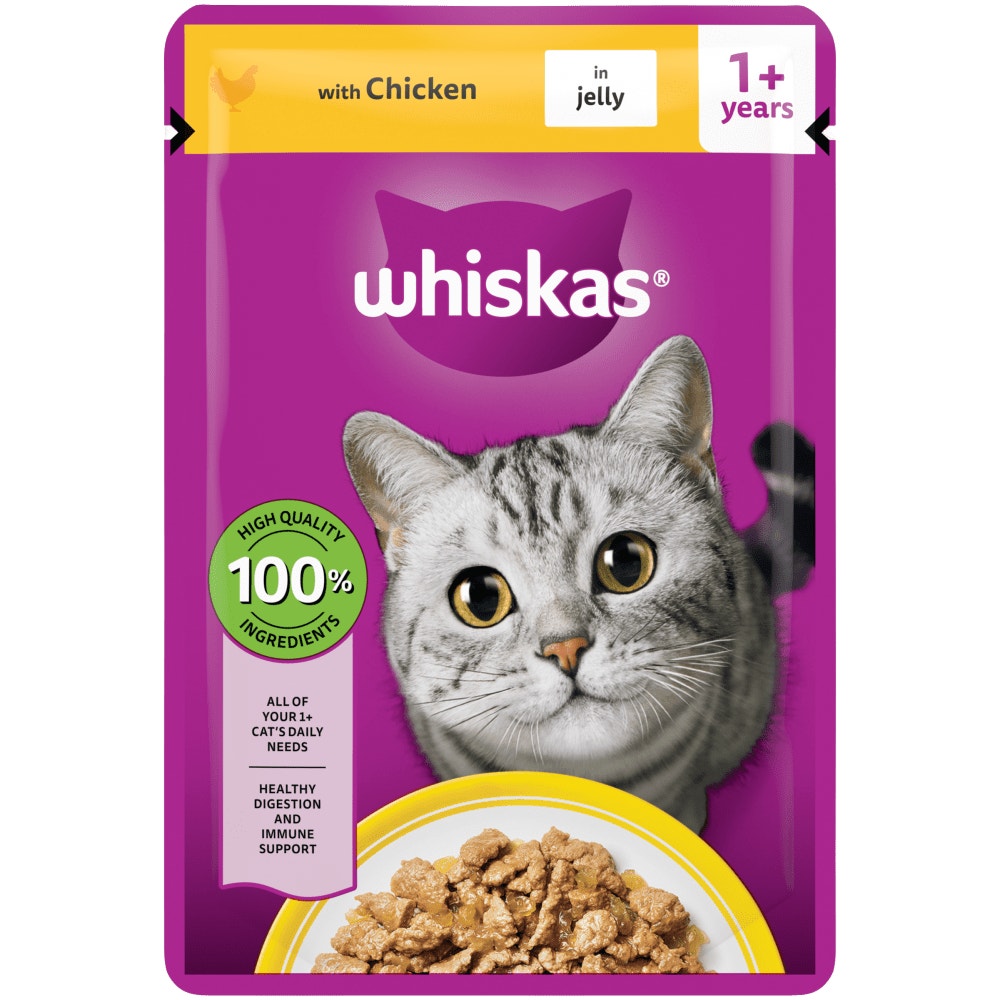 WHISKAS® 1+ Adult Wet Cat Food Pouches in Jelly with Chicken 85g - 1