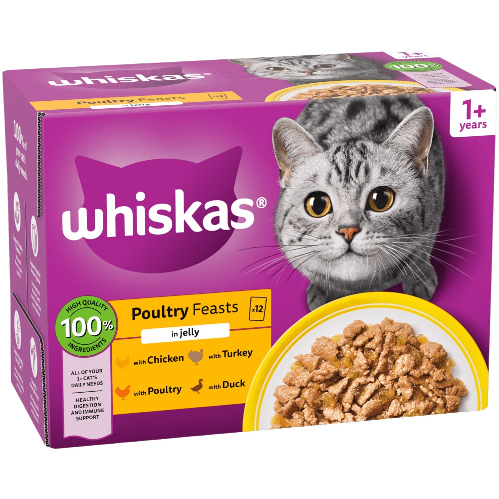 WHISKAS® POULTRY FEASTS in Jelly Adult Wet Cat Food Pouch 84x85g, 80x85g, 40x85g, 12x85g - 1