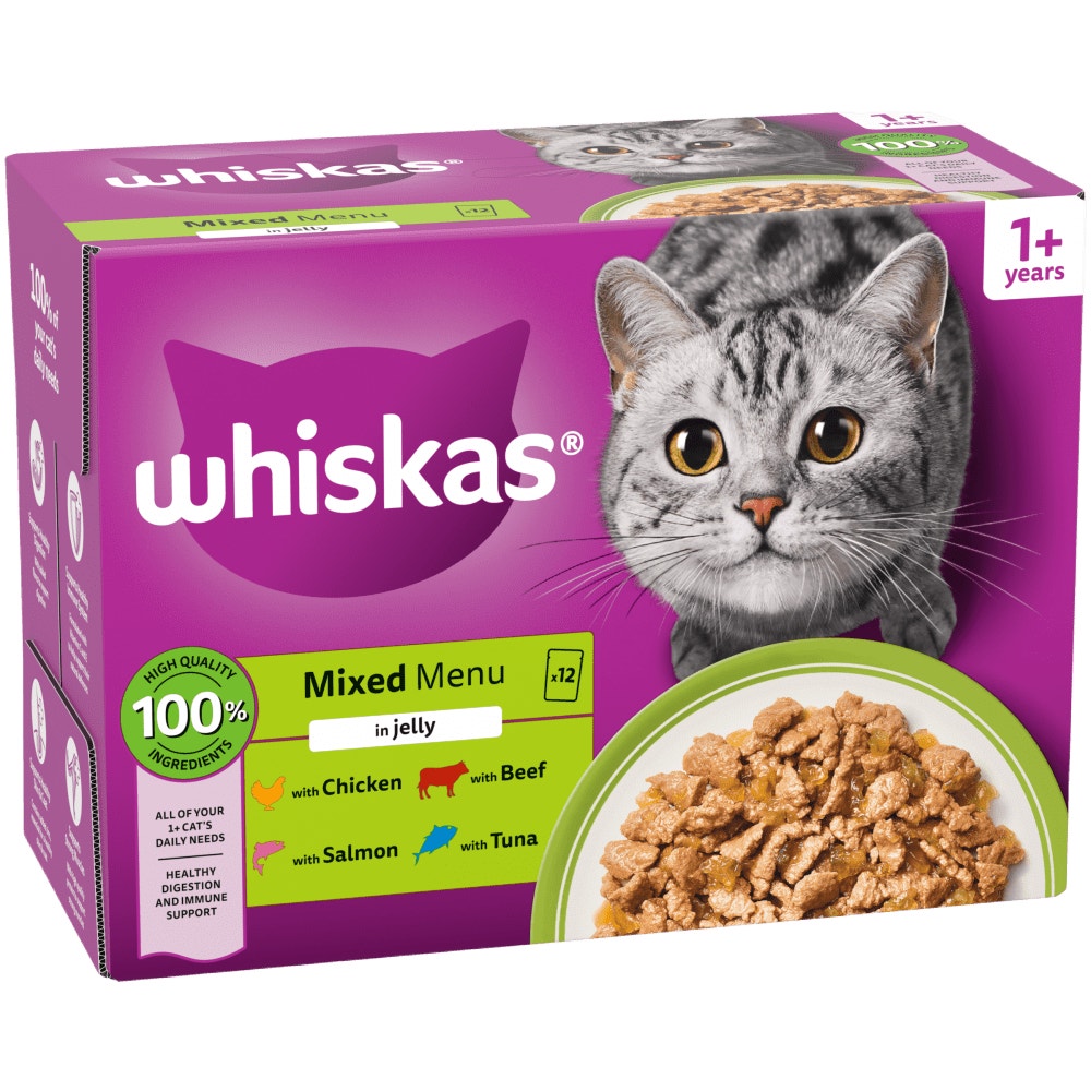 WHISKAS 1+ Mixed Menu Wet Cat Food Pouch in Jelly 40x85g, 12x85g - 1