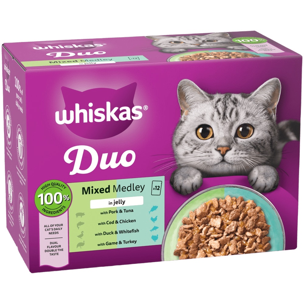 WHISKAS 1+ DUO MIXED Medley Wet Cat Food Pouches in Jelly 12 x 85g - 1