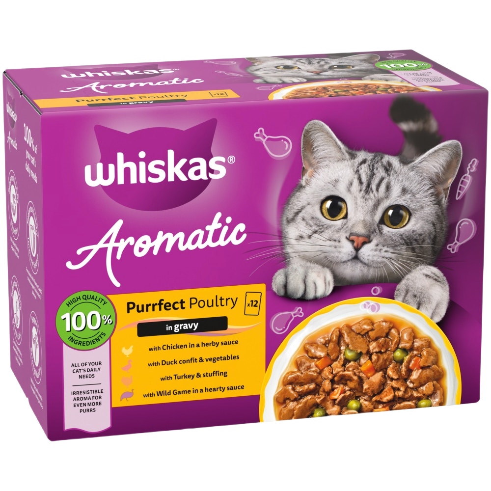 WHISKAS 1+ AROMATIC Purrfect POULTRY Wet Cat Food Pouches in Gravy 12 x 85g - 1