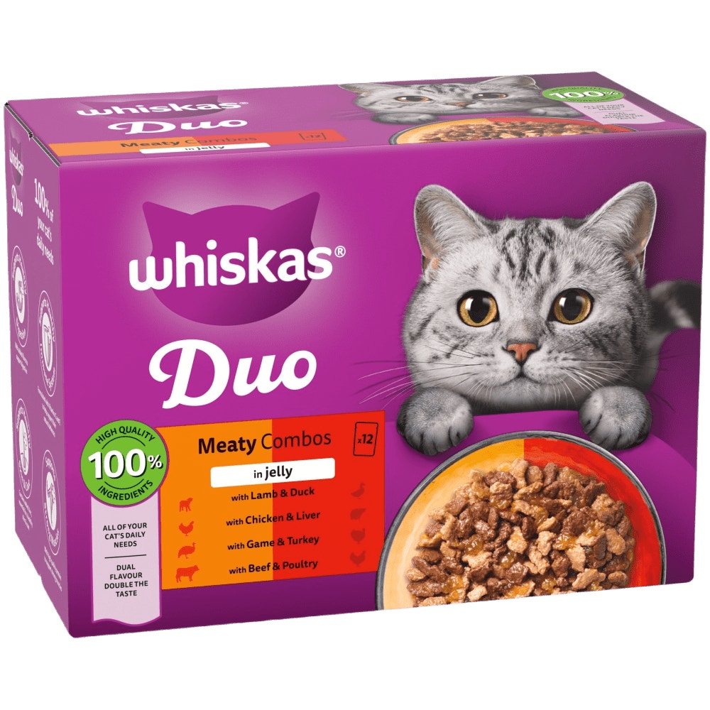 WHISKAS 1+ DUO MEATY Combos Wet Cat Food Pouches in Jelly 12 x 85g - 1