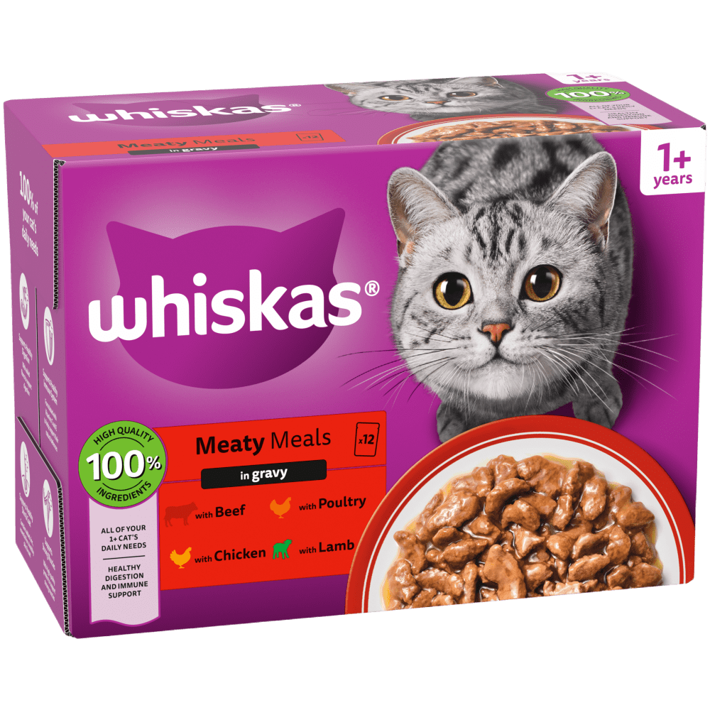 WHISKAS® 1+ Meaty Meals Adult Wet Cat Food Pouches in Gravy 12x85g, 80x85g - 1